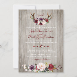 Rustic Burgundy Rosa Blommigt Antlers Wood Bröllop Inbjudningar
