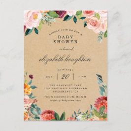 Rustic Burgundy  Rosa Blommigt Baby Shower Inbjudan Vykort