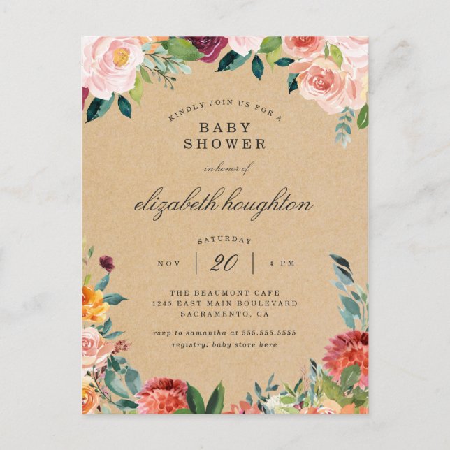Rustic Burgundy  Rosa Blommigt Baby Shower Inbjudan Vykort (Framsida)