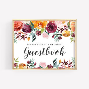 Rustic Burgundy Rosa Fall Blommigt Bröllop Guestbo Poster