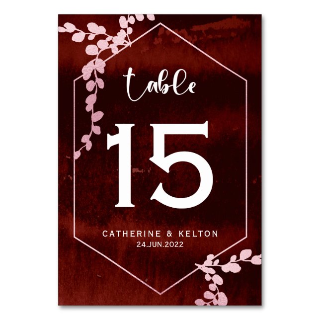 Rustic Burgundy Rosa Geometric Blommigt Bröllop Bordsnummer (Framsidan)