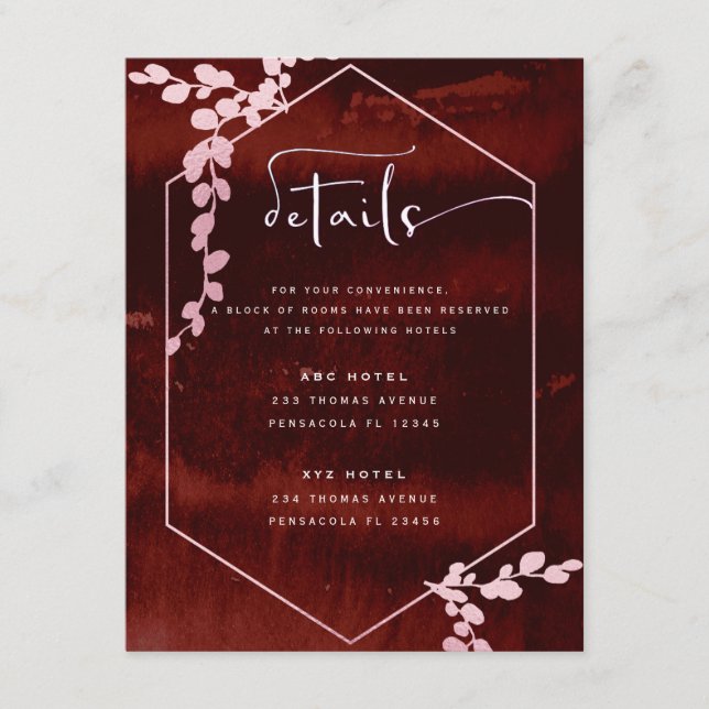 Rustic Burgundy Rosa Geometric Blommigt Bröllop Tilläggskort (Framsida)