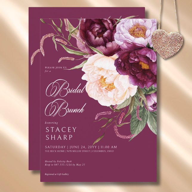 Rustic Burgundy & Rosa Peonies Möhippa Brunch Inbjudningar (Rustic Burgundy & Pink Peonies Bridal Brunch Invitation)