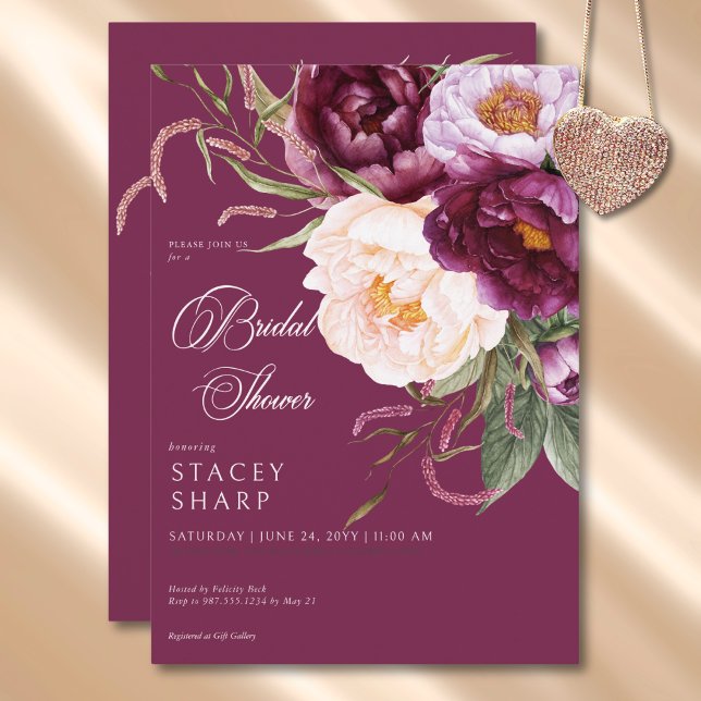 Rustic Burgundy & Rosa Peonies Möhippa Inbjudningar (Rustic Burgundy & Pink Peonies Bridal Shower Invitation)