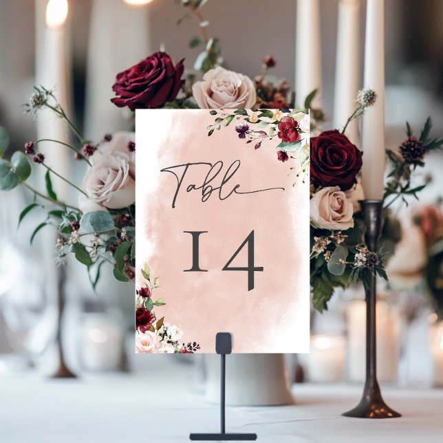 Rustic Burgundy &  Rosa ros Bröllop Bordsnummer (Rustic Burgundy & Blush Pink Roses Wedding Table Number Card)