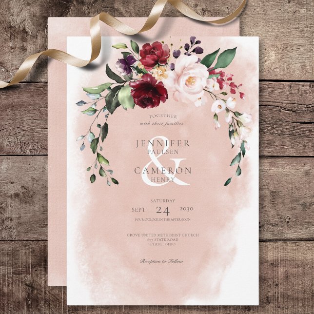 Rustic Burgundy &  Rosa ros Bröllop Inbjudningar (Rustic Burgundy & Blush Pink Roses Wedding Invitation)
