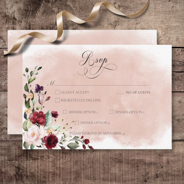 Rustic Burgundy &  Rosa ros Bröllop OSA Kort (Rustic Burgundy & Blush Pink Roses Wedding Response Card with Dinner Options)