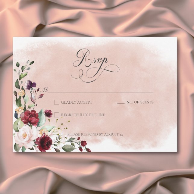 Rustic Burgundy &  Rosa ros Bröllop OSA Kort (Rustic Burgundy & Blush Pink Roses Wedding RSVP Card)