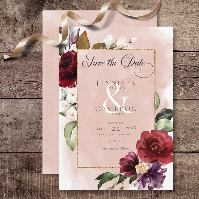 Rustic Burgundy &  Rosa ros Bröllop Spara Datumet (Rustic Burgundy & Blush Pink Roses Wedding Save the Date Card)