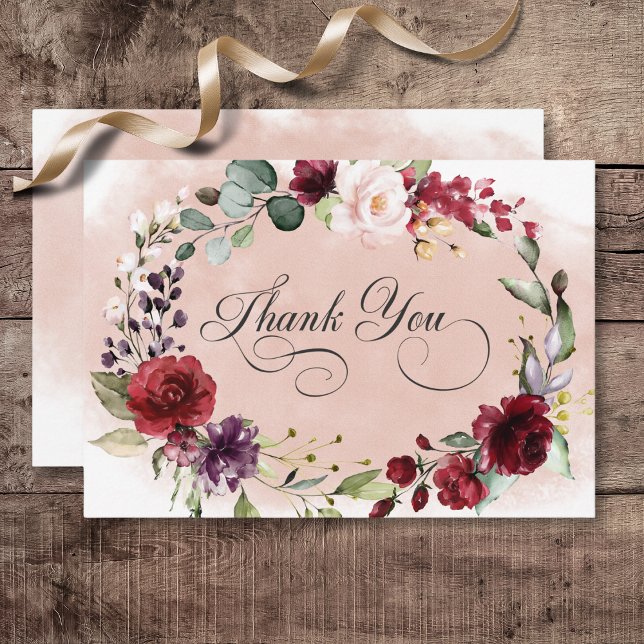 Rustic Burgundy &  Rosa ros Bröllop Tack Kort (Rustic Burgundy & Blush Pink Roses Wedding Thank You Card)