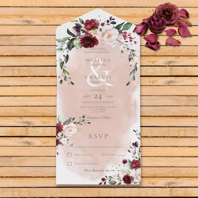 Rustic Burgundy &  Rosa ros, ingen middag (Also available with a QR code or with dinner selection options.)