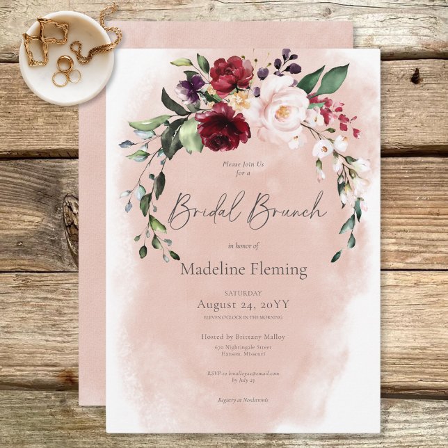 Rustic Burgundy &  Rosa ros Möhippa Brunch Inbjudningar (Rustic Burgundy & Blush Pink Roses Bridal Brunch Invitation)