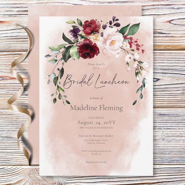 Rustic Burgundy &  Rosa ros Möhippa Luncheon Inbjudningar (Rustic Burgundy & Blush Pink Roses Bridal Luncheon Invitation)
