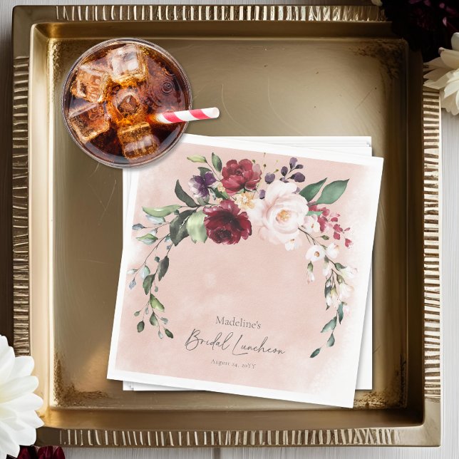 Rustic Burgundy &  Rosa ros Möhippa Luncheon Pappersservett (Rustic Burgundy & Blush Pink Roses Bridal Luncheon Napkins)