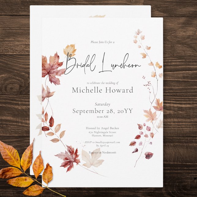 Rustic Burgundy & Rust Höst löv Möhippa Luncheon Inbjudningar (Rustic Burgundy & Rust Fall Leaves Bridal Luncheon Invitation)