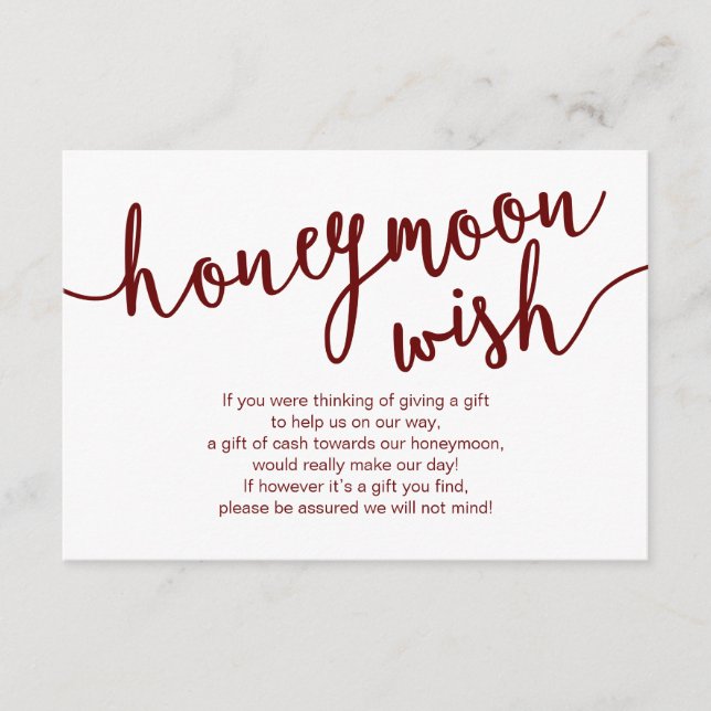 Rustic Burgundy Script, Bröllop Honeymoon Wish Tilläggskort (Framsida)
