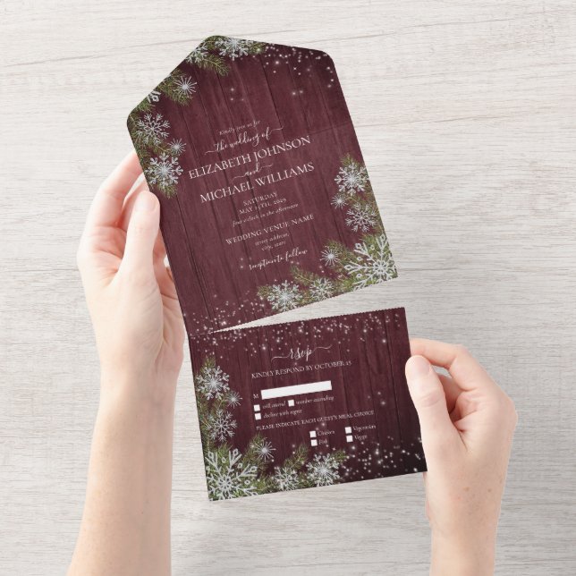 Rustic Burgundy Silver Winter Wood Bröllop +Menu (Avrivbar del)