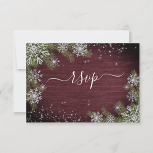 Rustic Burgundy Silver Winter Wood Bröllop OSA Kort
