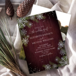 Rustic Burgundy Silver Winter Wood Photo Bröllop Inbjudningar