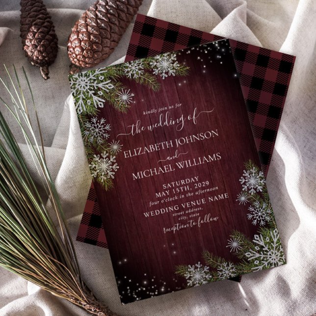 Rustic Burgundy Silver Winter Wood Play Bröllop Inbjudningar (Skapare uppladdad)