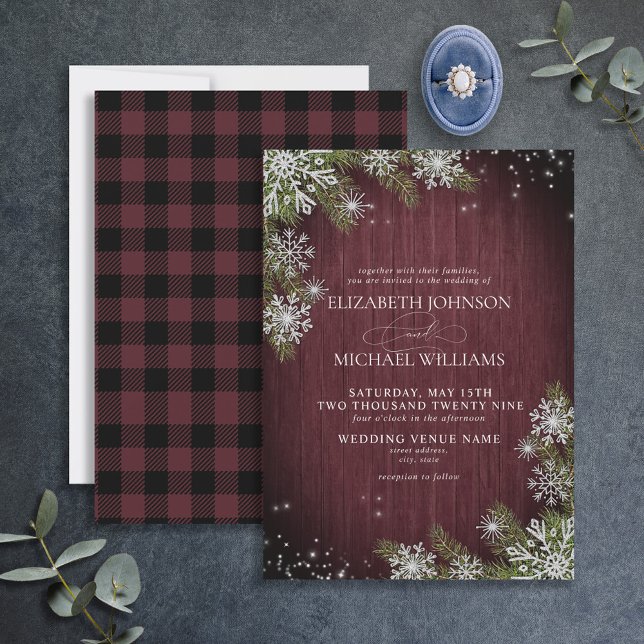 Rustic Burgundy Silver Winter Wood Play Bröllop Inbjudningar (Skapare uppladdad)