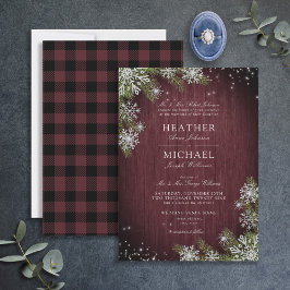 Rustic Burgundy Silver Winter Wood Play Bröllop Inbjudningar