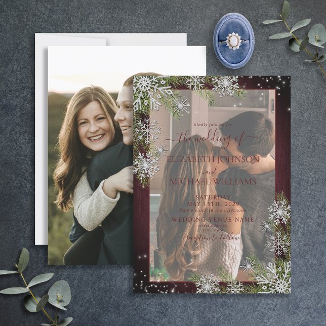 Rustic Burgundy Silver Winter Wood Vellum Bröllop Inbjudningar (Skapare uppladdad)