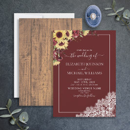 Rustic Burgundy Solros Wood Script Bröllop Inbjudningar