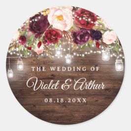 Rustic Burgundy String Ljus Bröllop Sticker Runt Klistermärke
