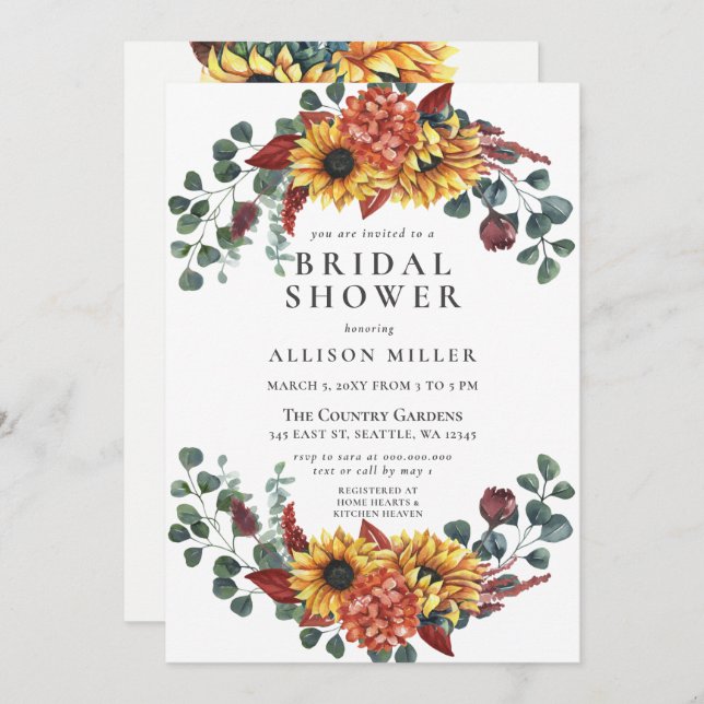 Rustic Burgundy Sunblommor Möhippa Inbjudningar (Fram/baksida)