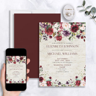 Rustic Burgundy Watercolor Blommigt Birch Bröllop Inbjudningar