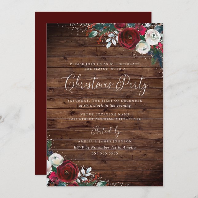 Rustic Burgundy Watercolor Blommigt Snö jul Inbjudningar (Fram/baksida)