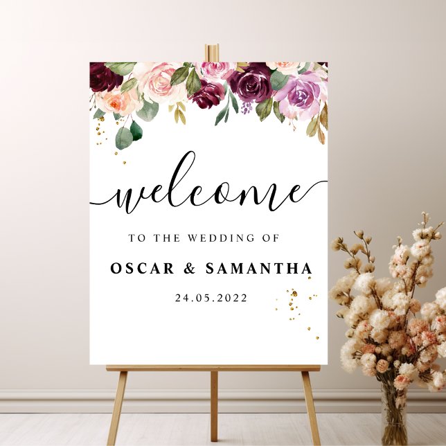 Rustic Burgundy Watercolor Flowers & Guld Drowers Poster (Skapare uppladdad)