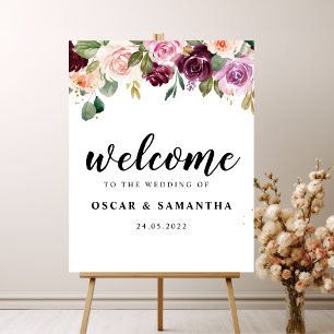 Rustic Burgundy Watercolor Flowers & Guld Drowers Poster