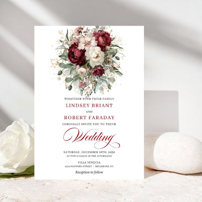 Rustic Burgundy White Floral Eucalyptus Gold Weddi Inbjudningar (Rustic Burgundy White Floral Eucalyptus Gold Wedding Invite)