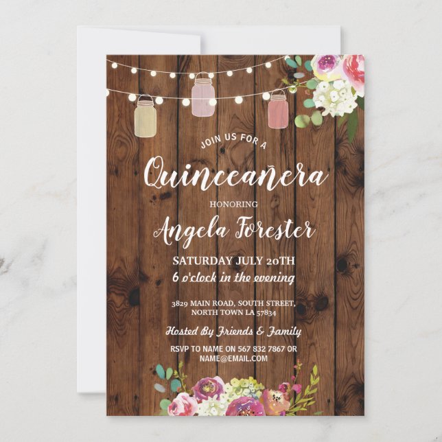 Rustic Burk Quinceanera Party Wood Blommigt Ljus Inbjudningar (Framsida)