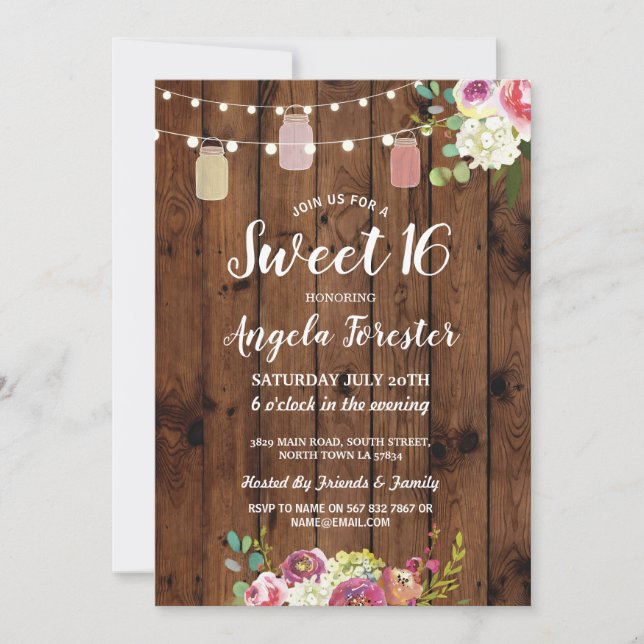 Rustic Burk Sweet 16 Party Wood Blommigt Ljus Inbjudningar (Framsida)