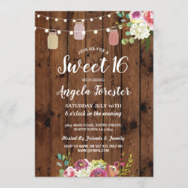 Rustic Burk Sweet 16 Party Wood Blommigt Ljus Inbjudningar
