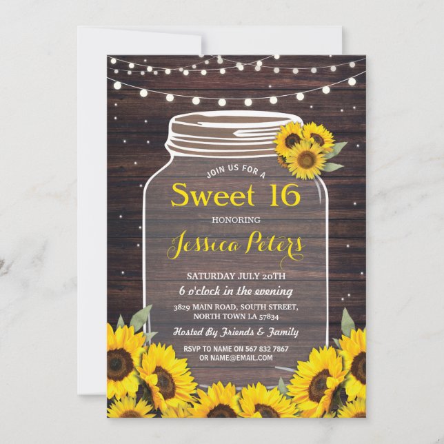 Rustic Burk Sweet 16 Party Wood Solros Fireflies Inbjudningar (Framsida)