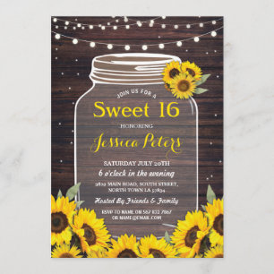 Rustic Burk Sweet 16 Party Wood Solros Fireflies Inbjudningar