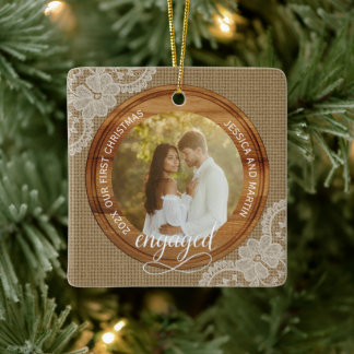 Rustic Burlap and Lace First Christmas engaged Julgransprydnad Keramik