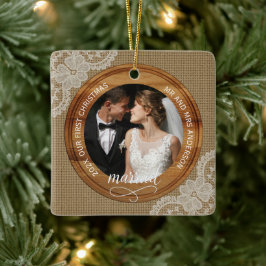Rustic Burlap and Lace First Christmas married Julgransprydnad Keramik