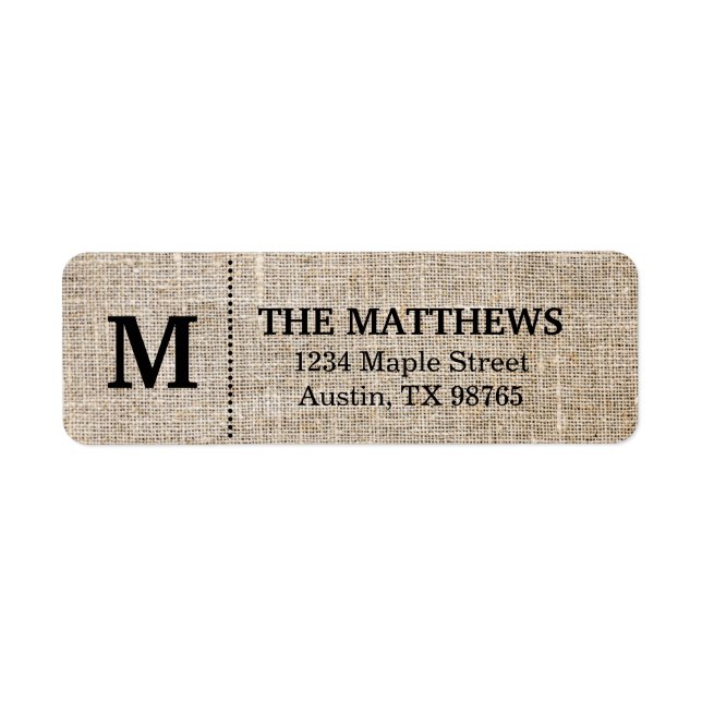 Rustic Burlap Anpassningsbar Monogram Returadress Etikett (Framsidan)