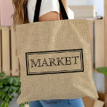 Rustic Burlap Anpassningsbar Vintage Market Tote B Tygkasse<br><div class="desc">Trendiget Rustic Vintage ser Faux Burlap Market Tote Bag. Anpassa den här enkla väskan med din egen text. Perfektens gigantiska gåva till livsmedel att handla resor.</div>