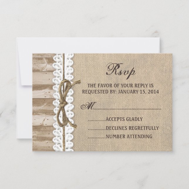 Rustic Burlap Barn Wood Twine Bröllop OSA Card Kort (Framsida)