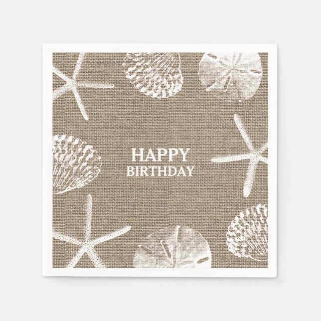 Rustic Burlap Beach Theme Seashells Birthday Pappersservett (Framsidan)
