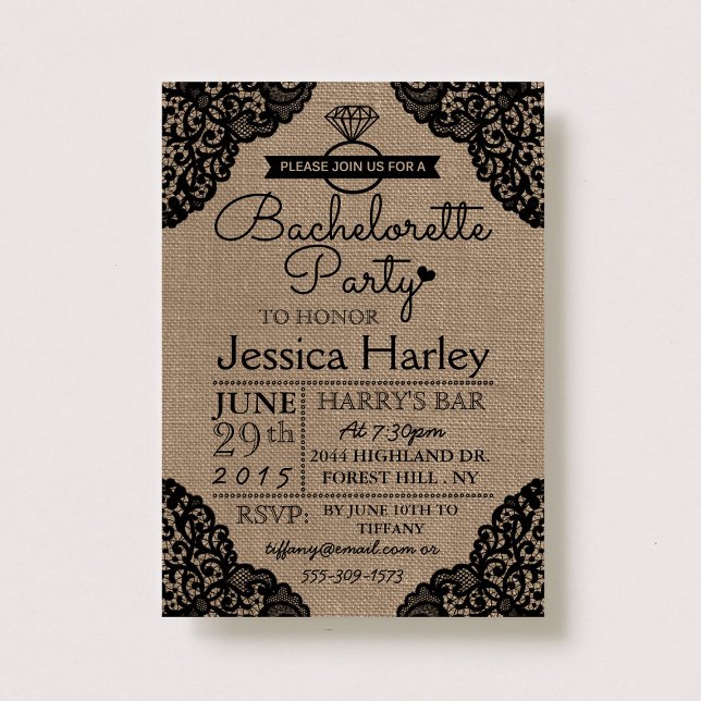 Rustic Burlap & Black Snöre Bachelorette Party Inbjudningar (Skapare uppladdad)