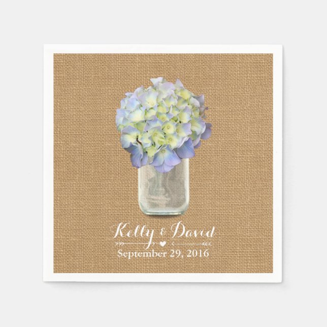 Rustic Burlap Blue Hydrangea Mason Burk Bröllop Pappersservett (Framsidan)