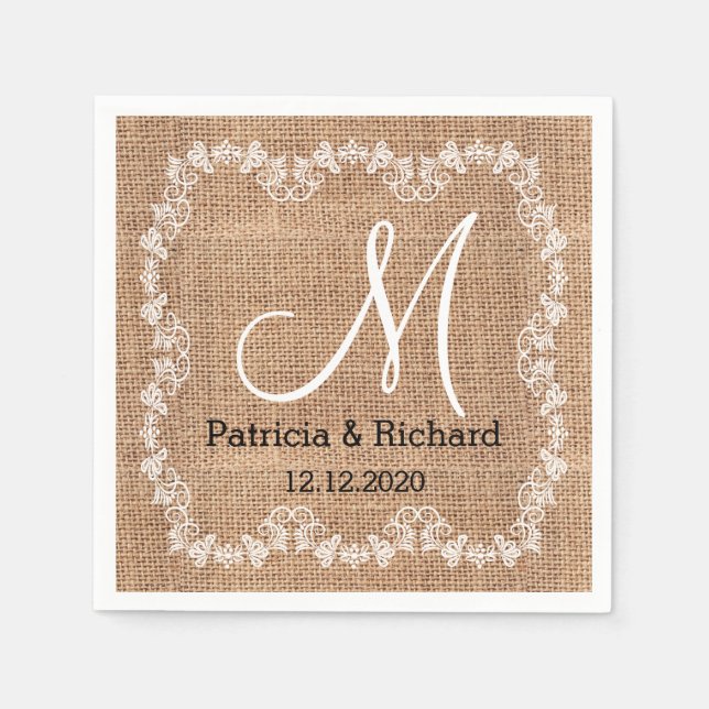 Rustic Burlap Bröllop Monogram Pappersservett (Framsidan)