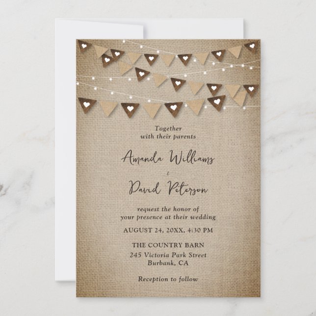 Rustic Burlap Bunting String Ljus Bröllop Inbjudningar (Framsida)